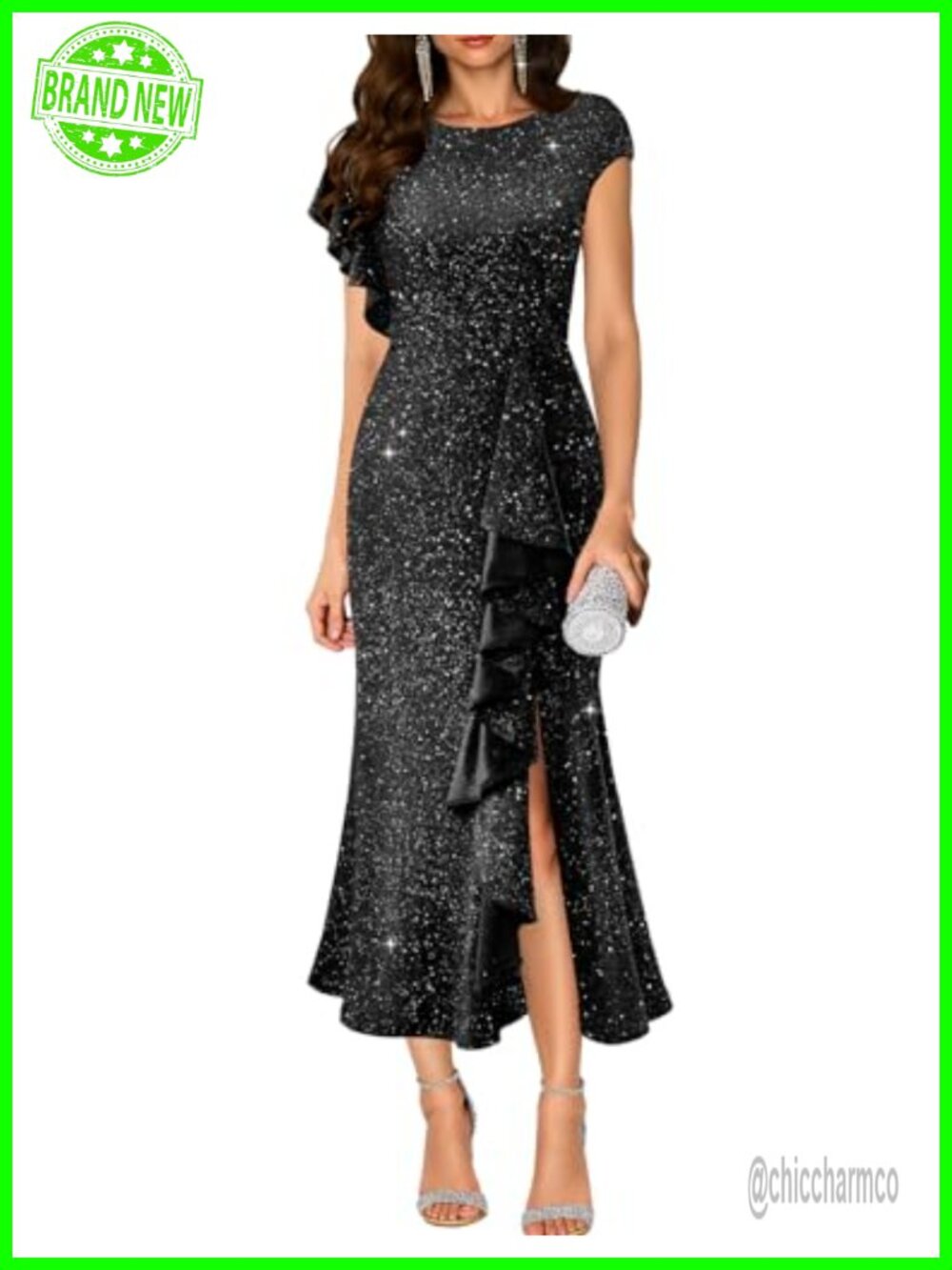 Sequin Formal Maxi Dress Mermaid Silhouette Short Sleeve Evening Gown